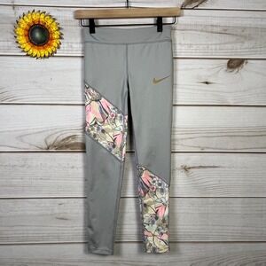 Nike Dri Fit Kids Girls Athletic Leggings Pants Gray Floral Print M 10-12